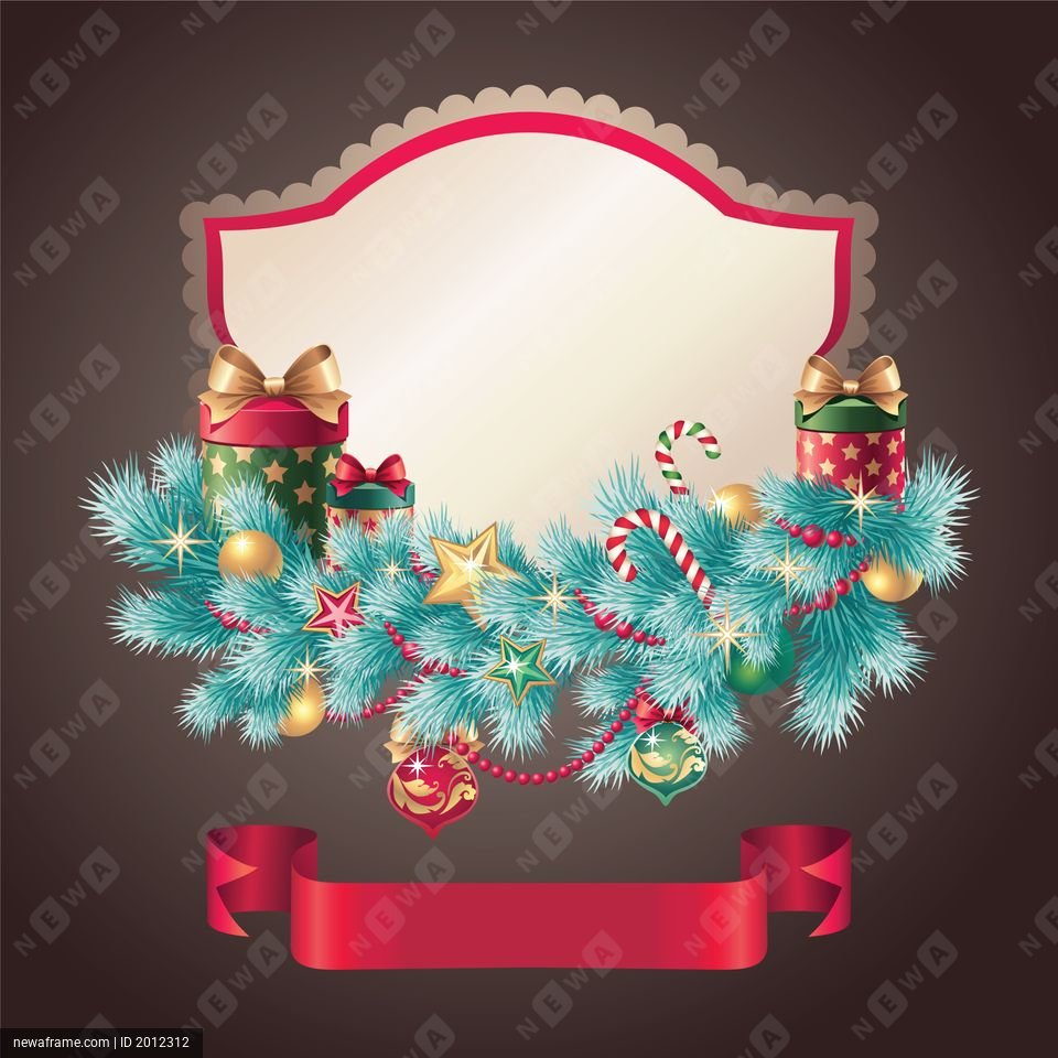 A festive Christmas design features a central cream-colored frame with a red border. A lush, teal fir branch adorned with ornaments, stars, and candy canes fills the lower section. Two wrapped gifts sit on the branch, and a red ribbon banner is at the bottom.