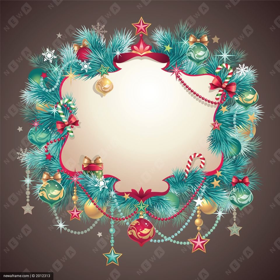 A festive wreath of blue pine branches frames a blank cream-colored space. Red bows, gold ornaments, candy canes, and stars decorate the border against a brown background.