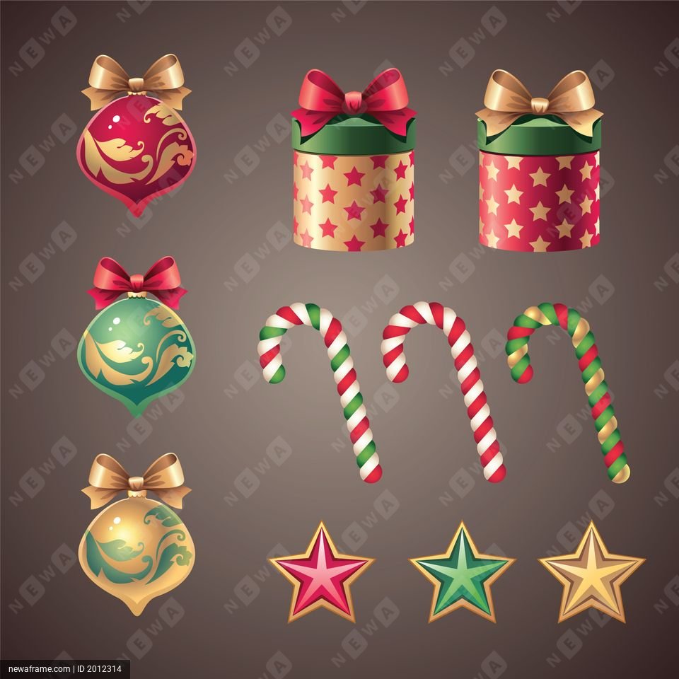 The image displays a collection of festive Christmas items, including baubles, gift boxes, candy canes, and stars, arranged on a dark background.