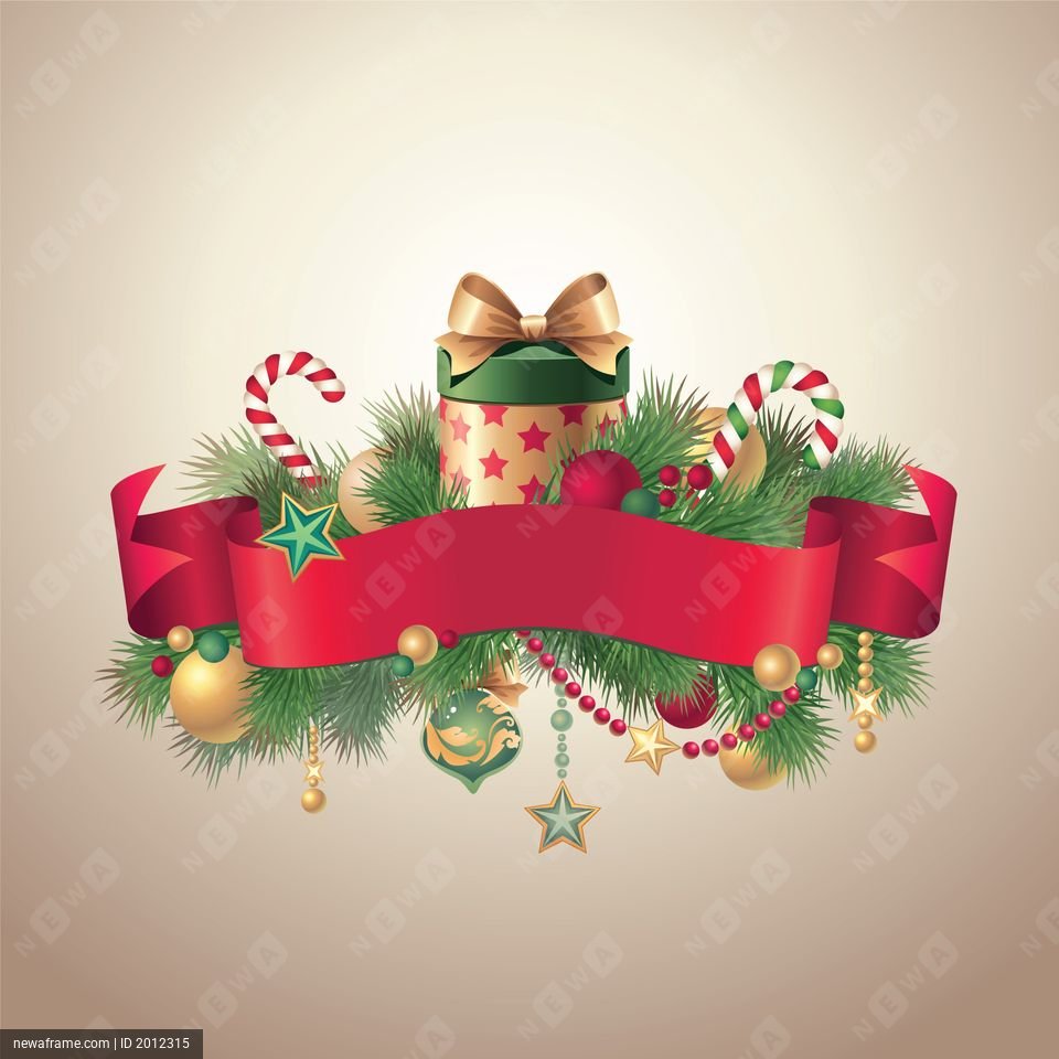 A festive Christmas wreath features a red ribbon, green pine branches, candy canes, ornaments, and a gift box with a bow.