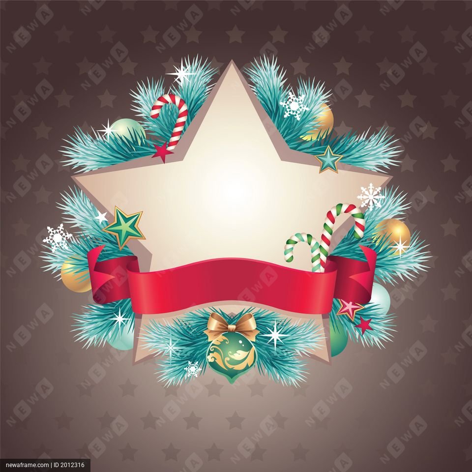 A festive Christmas wreath made of blue pine branches, candy canes, and ornaments surrounds a large, empty star. A red ribbon banner stretches across the bottom.