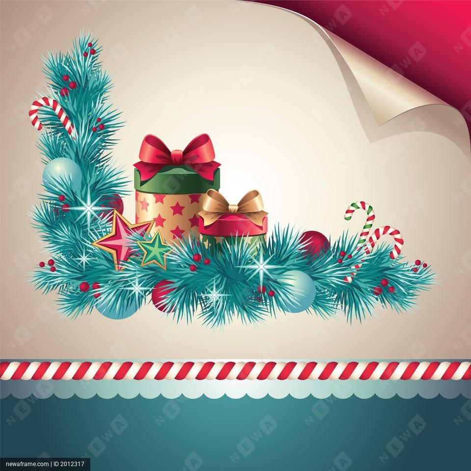 Christmas decorations adorn a festive scene with pine branches, ornaments, gifts, and candy canes.