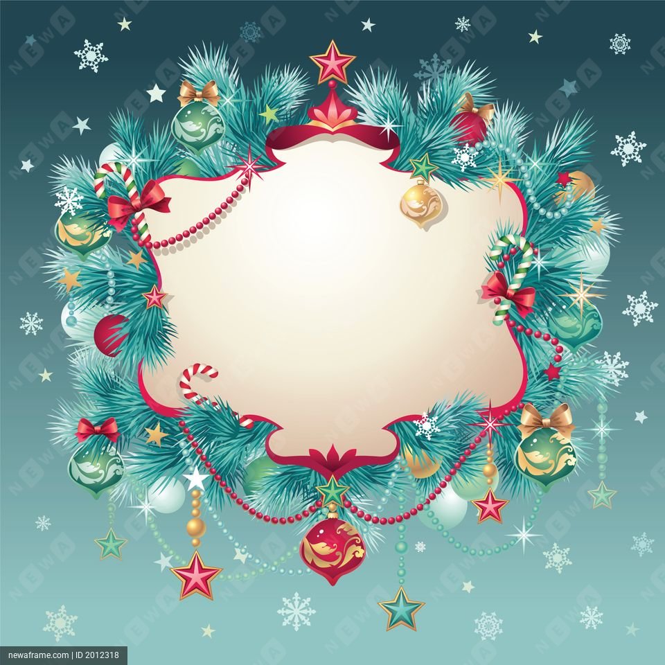 A festive Christmas wreath frame features pine branches, ornaments, candy canes, and stars against a snowy background.