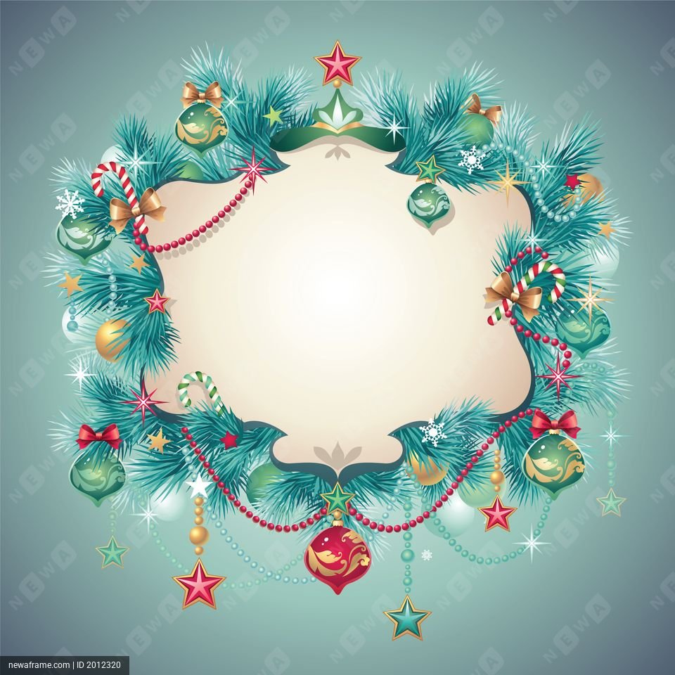 A festive Christmas wreath frames a blank space with pine branches, ornaments, candy canes, and stars.