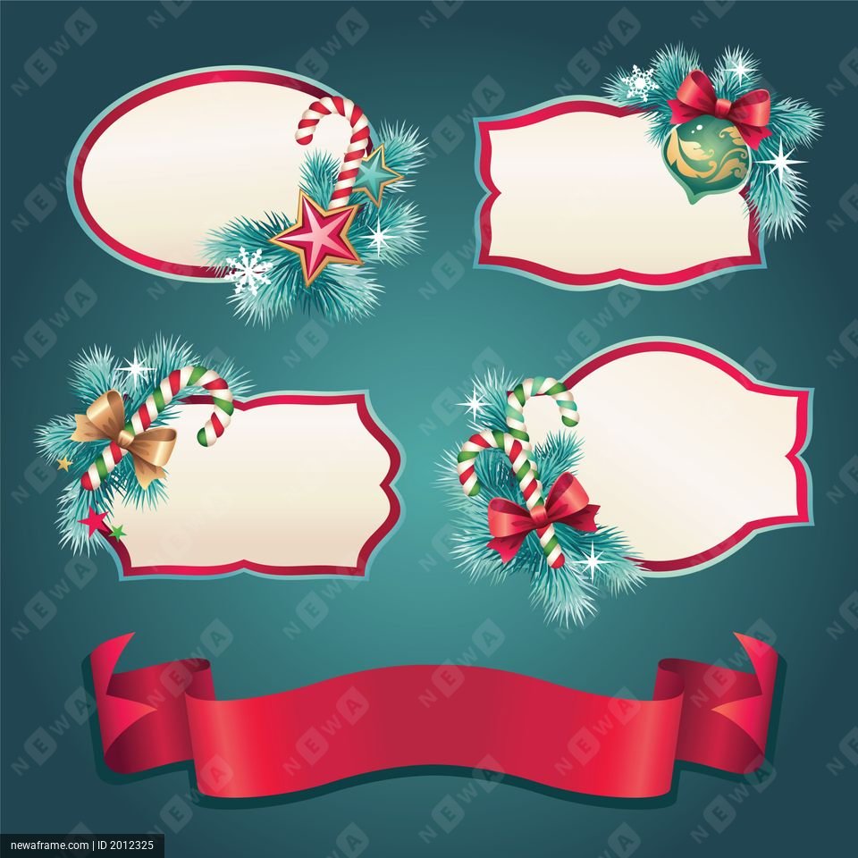 Four festive Christmas labels decorated with pine branches, candy canes, and ornaments sit on a dark teal background. A red ribbon banner is positioned at the bottom.