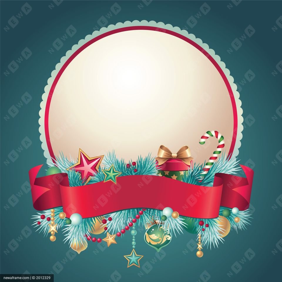 A festive Christmas frame features a red ribbon, pine branches, ornaments, stars, and a candy cane around a blank circular space.