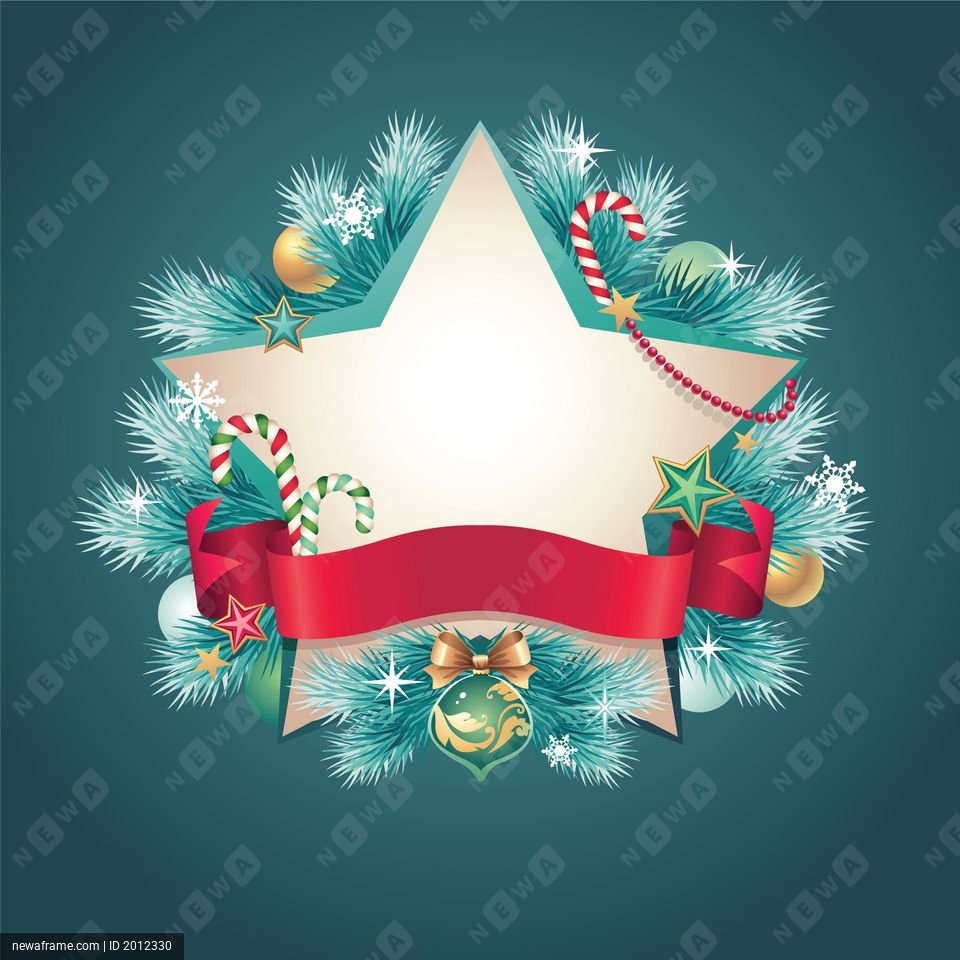 A festive Christmas wreath with pine branches, candy canes, ornaments, and a red ribbon surrounds a large star shape. Snowflakes and sparkles decorate the design against a teal background.
