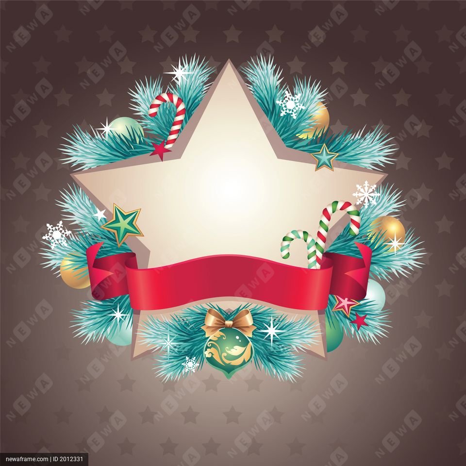 A festive Christmas wreath surrounds a star-shaped frame with a red ribbon banner. Pine branches, candy canes, ornaments, and stars decorate the design against a starry background.