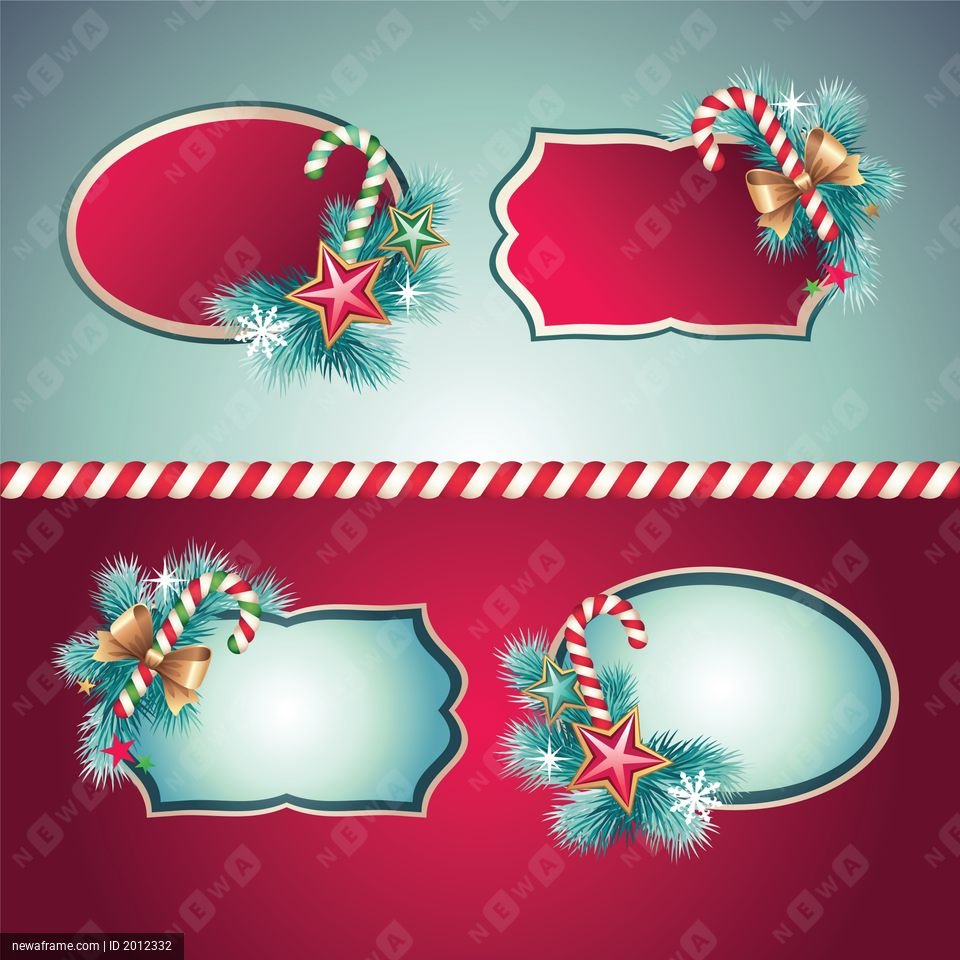 Four festive Christmas labels feature candy canes, pine branches, stars, and bows against red and blue backgrounds.