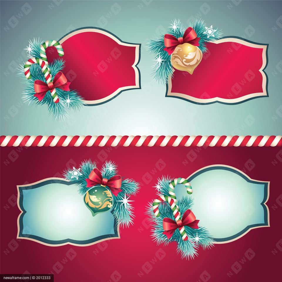 Four festive Christmas labels feature candy canes, pine branches, and ornaments against red and blue backgrounds.