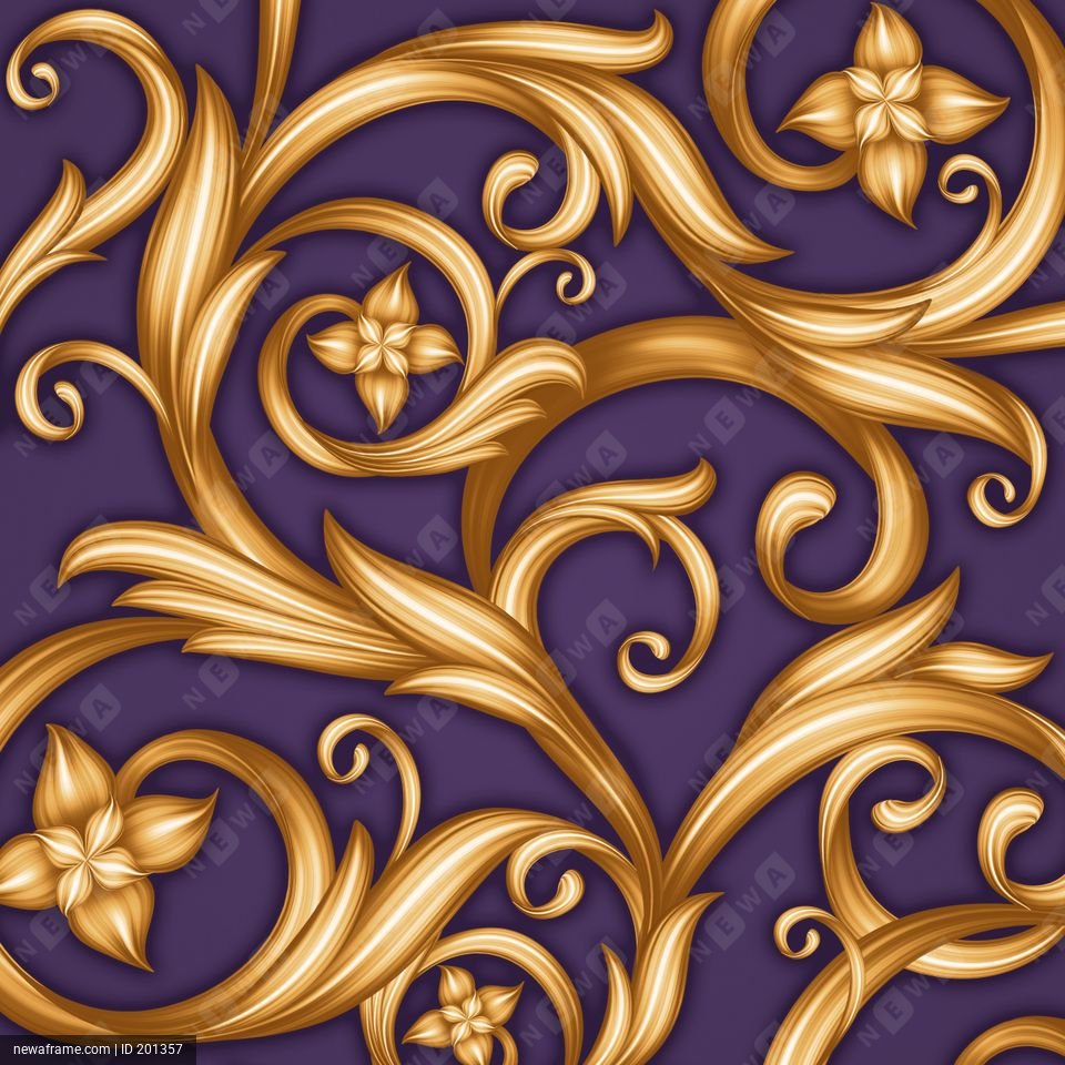 Golden ornate floral patterns swirl elegantly against a deep purple background, creating a luxurious and decorative design.