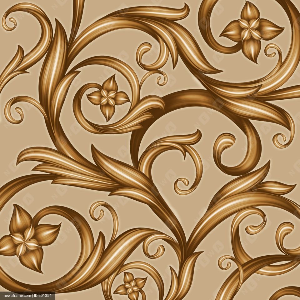 A seamless pattern features ornate golden leaves and flowers swirling elegantly against a soft beige background.