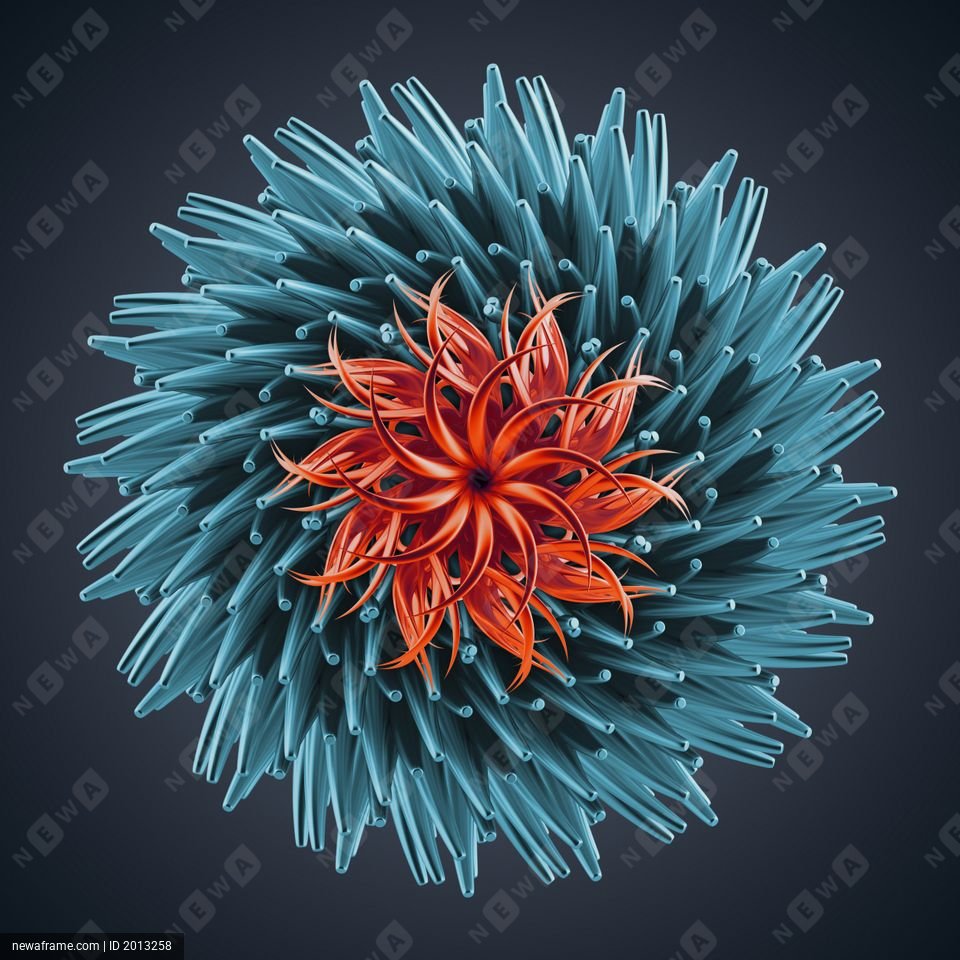 A vibrant orange flower blooms at the center of a spiky blue sphere, creating a striking contrast against a dark background.