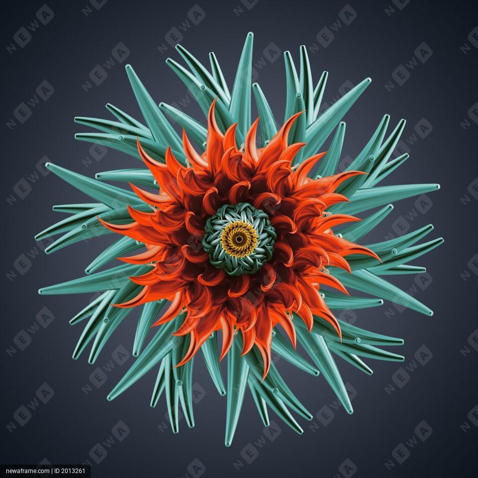 A vibrant, stylized flower with orange petals and a teal center radiates outward against a dark background.