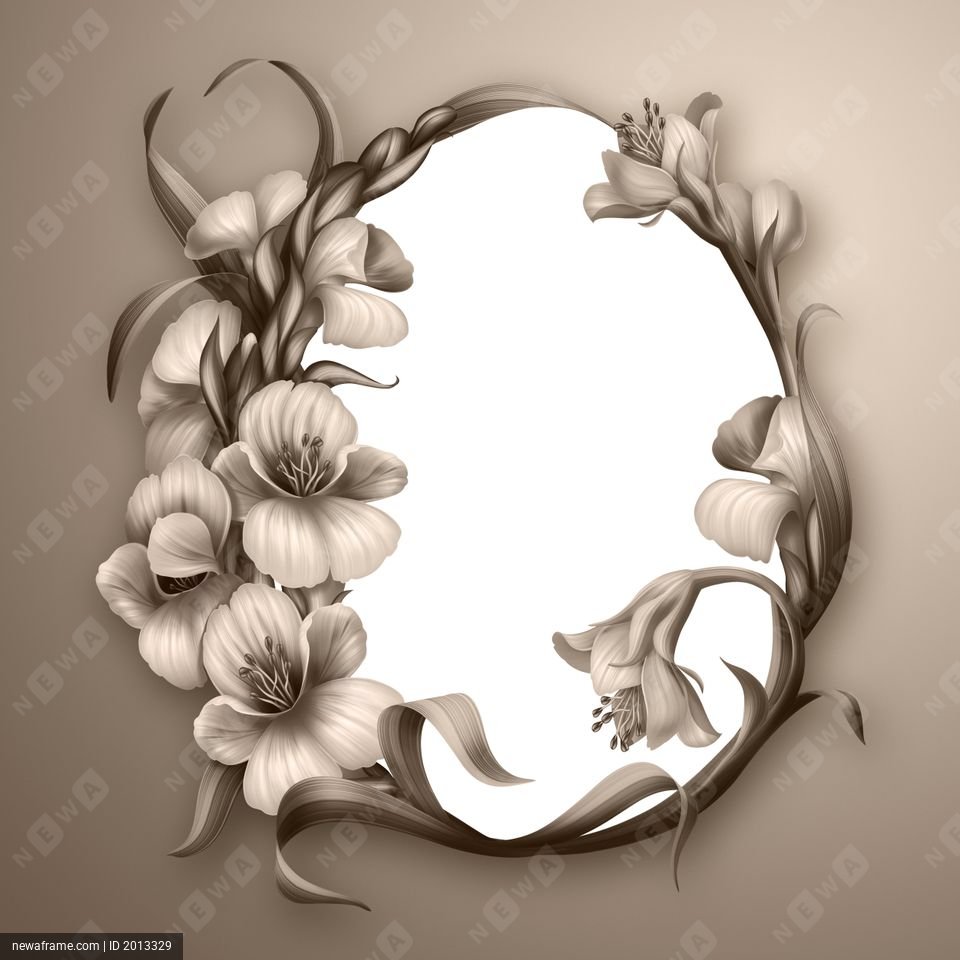 An elegant floral frame features gladiolus flowers and swirling vines in sepia tones against a soft beige background.