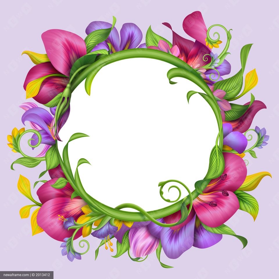 A vibrant floral wreath frames a white circle with colorful flowers and green vines.