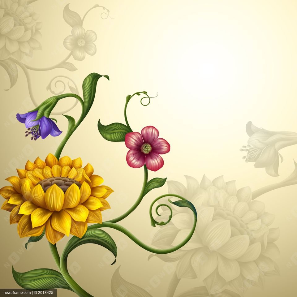 A vibrant sunflower, pink flower, and purple bell bloom on green vines against a soft beige background with faint floral patterns.