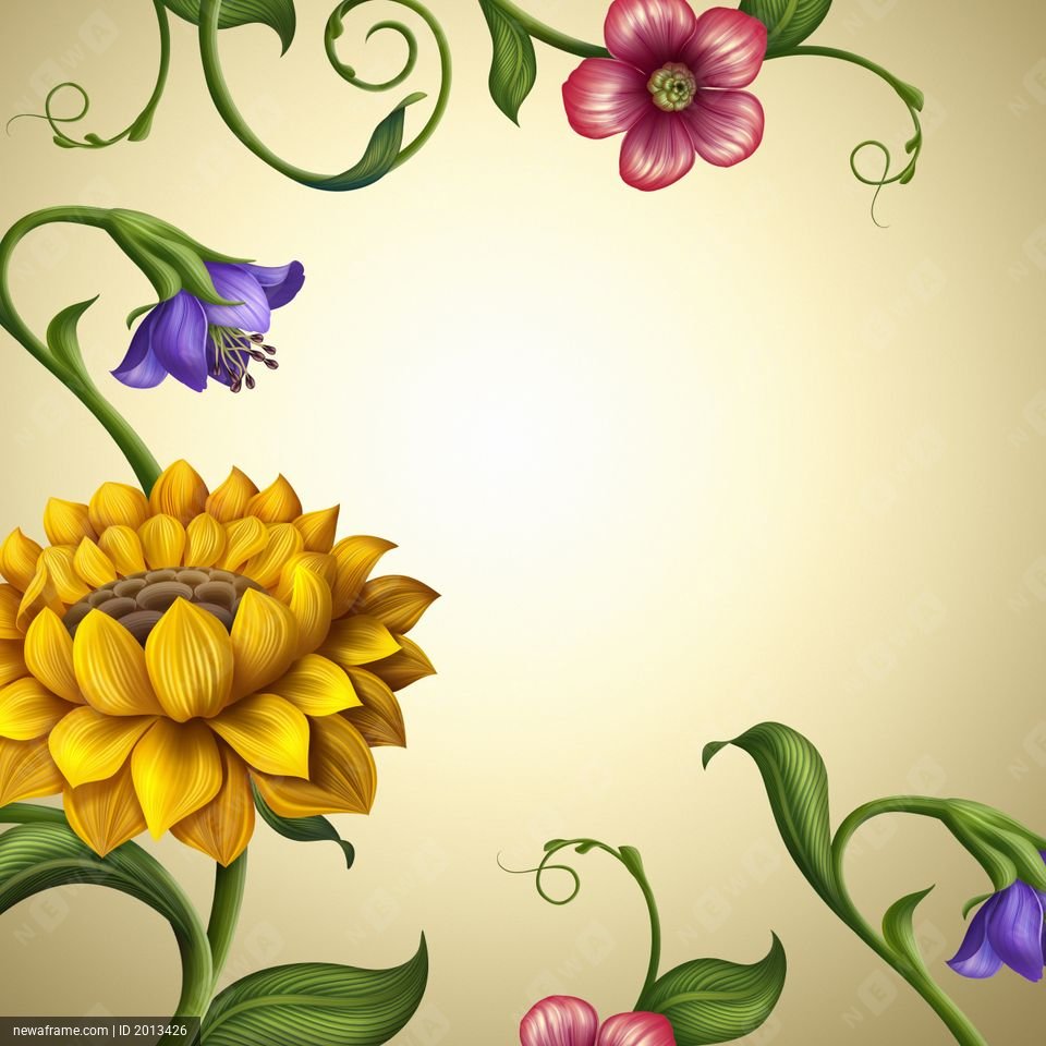 Colorful flowers and green vines frame a soft, creamy background in this elegant floral design.