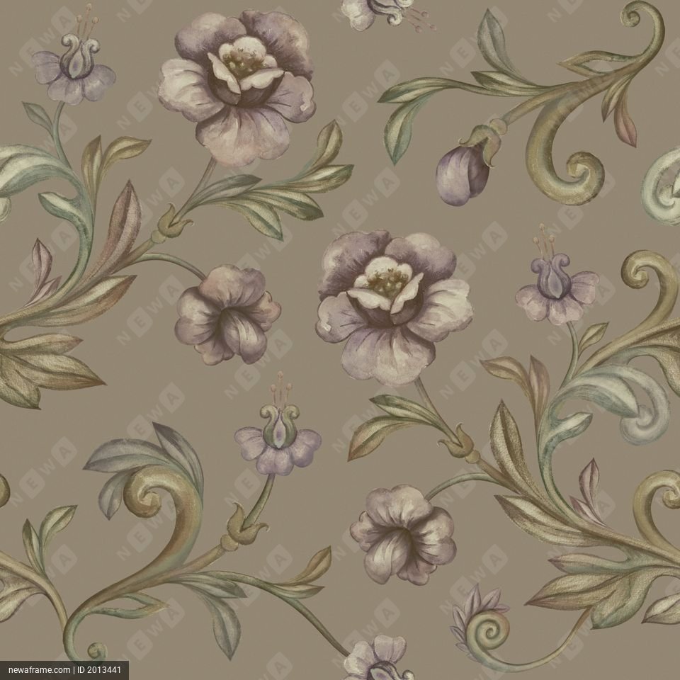 Delicate floral patterns with purple flowers and green leaves on a beige background create an elegant, vintage design.
