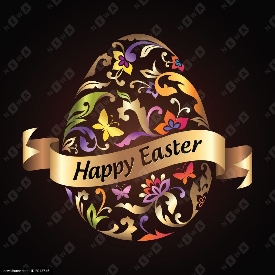 A decorative Easter egg with colorful floral patterns and a ribbon that reads Happy Easter.