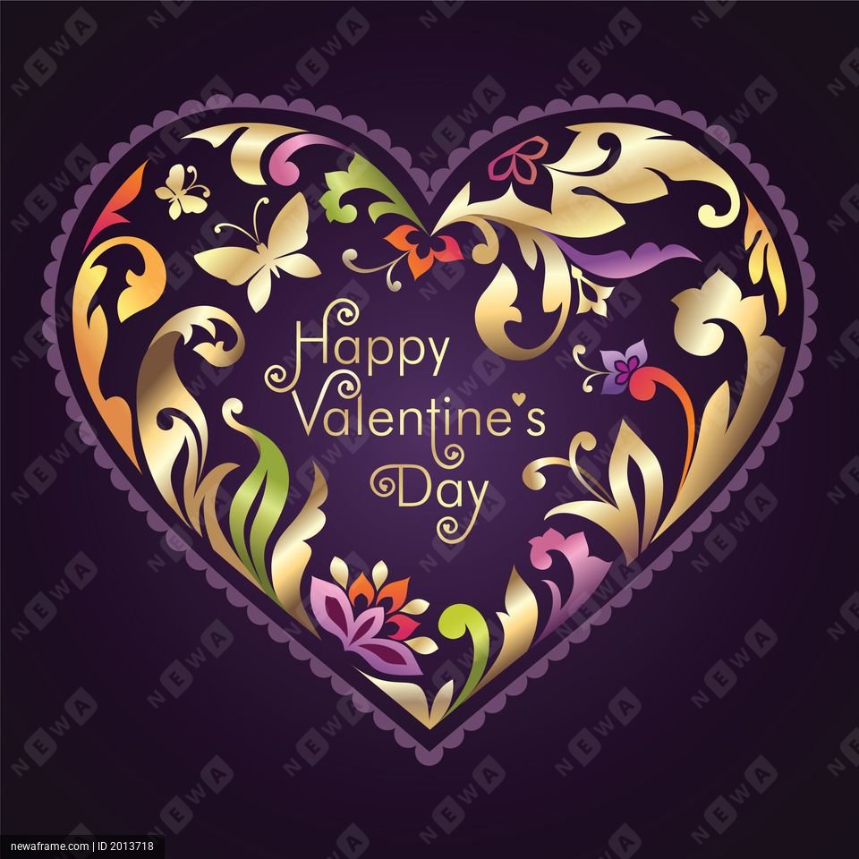 A vibrant heart-shaped design features swirling floral patterns and butterflies in gold, green, and purple hues against a dark background.