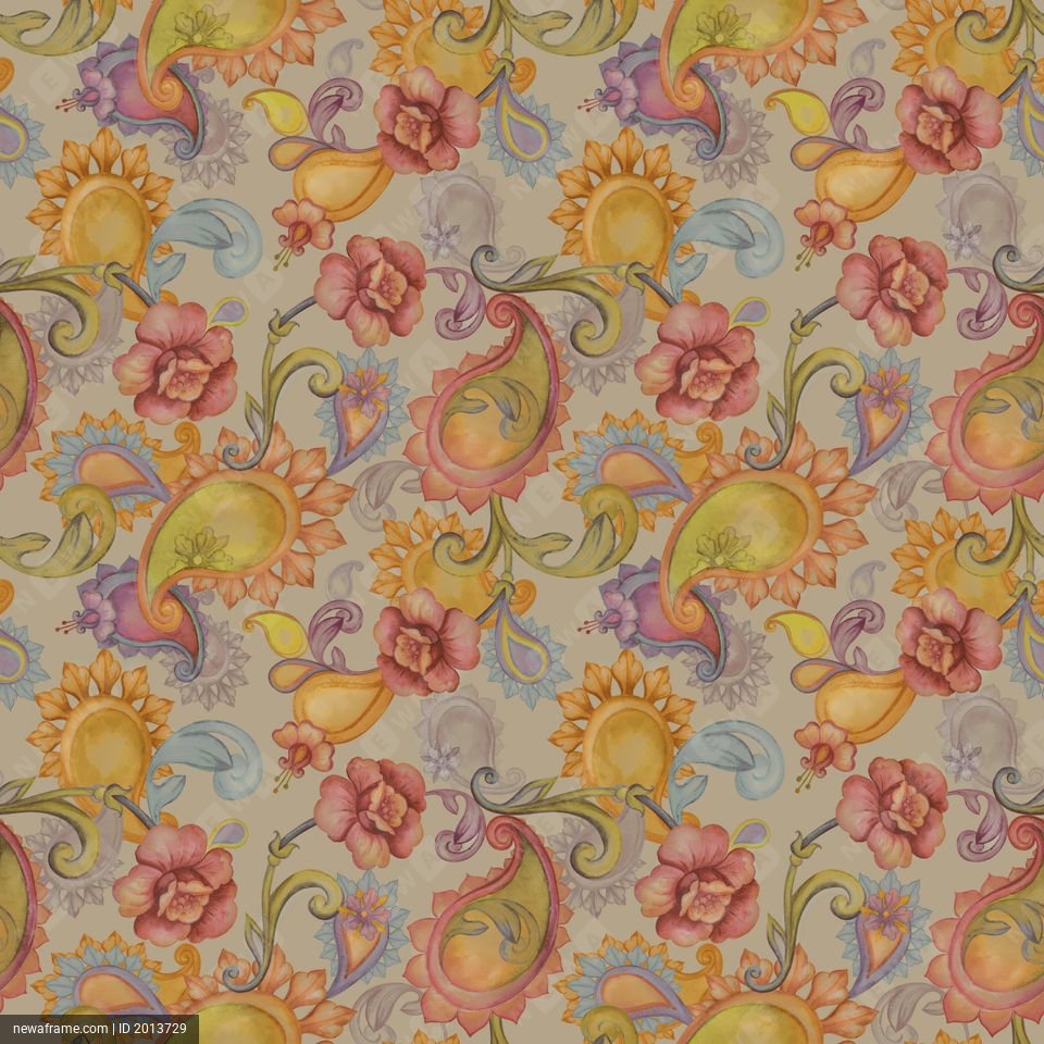 A colorful floral pattern features pink flowers, yellow suns, and green paisley shapes on a beige background.