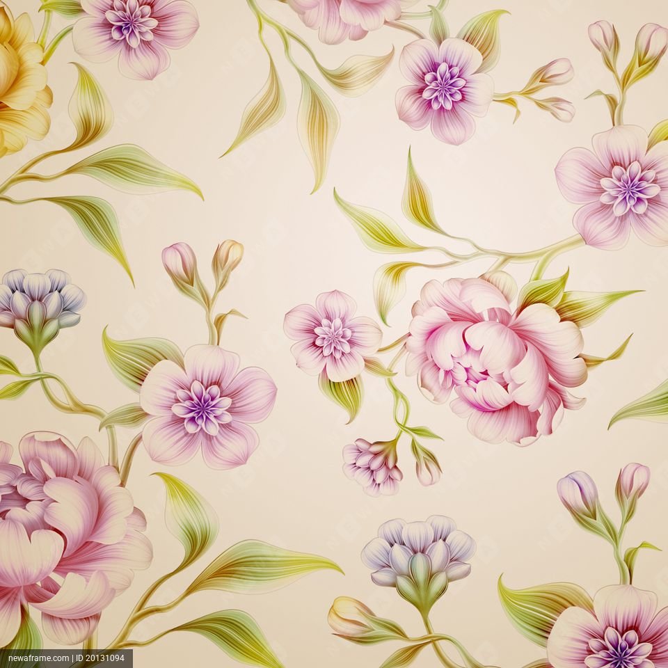 Delicate pink and purple flowers bloom gracefully on a soft beige background, with green leaves adding vibrant contrast.
