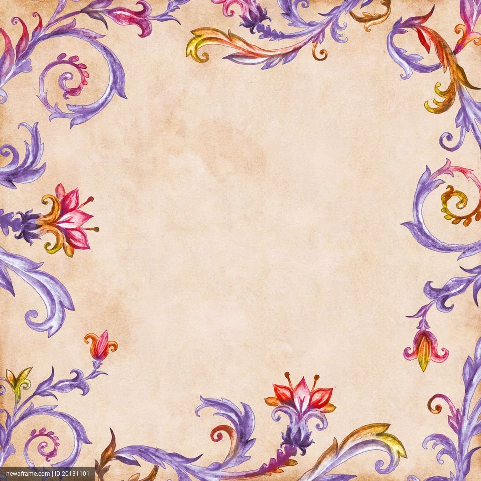 A decorative border with colorful floral and vine patterns frames a textured beige background.