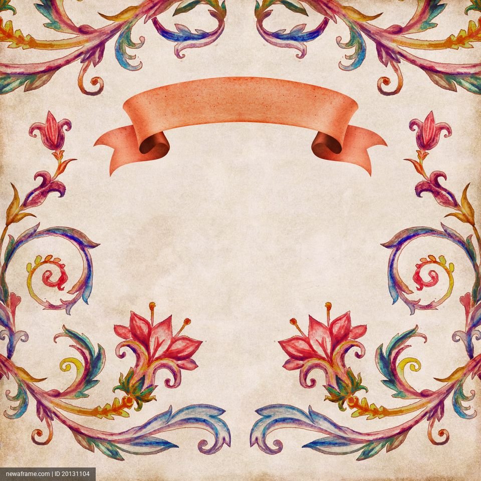 A colorful floral border frames a blank, parchment-like background. A central ribbon banner sits ready for text.