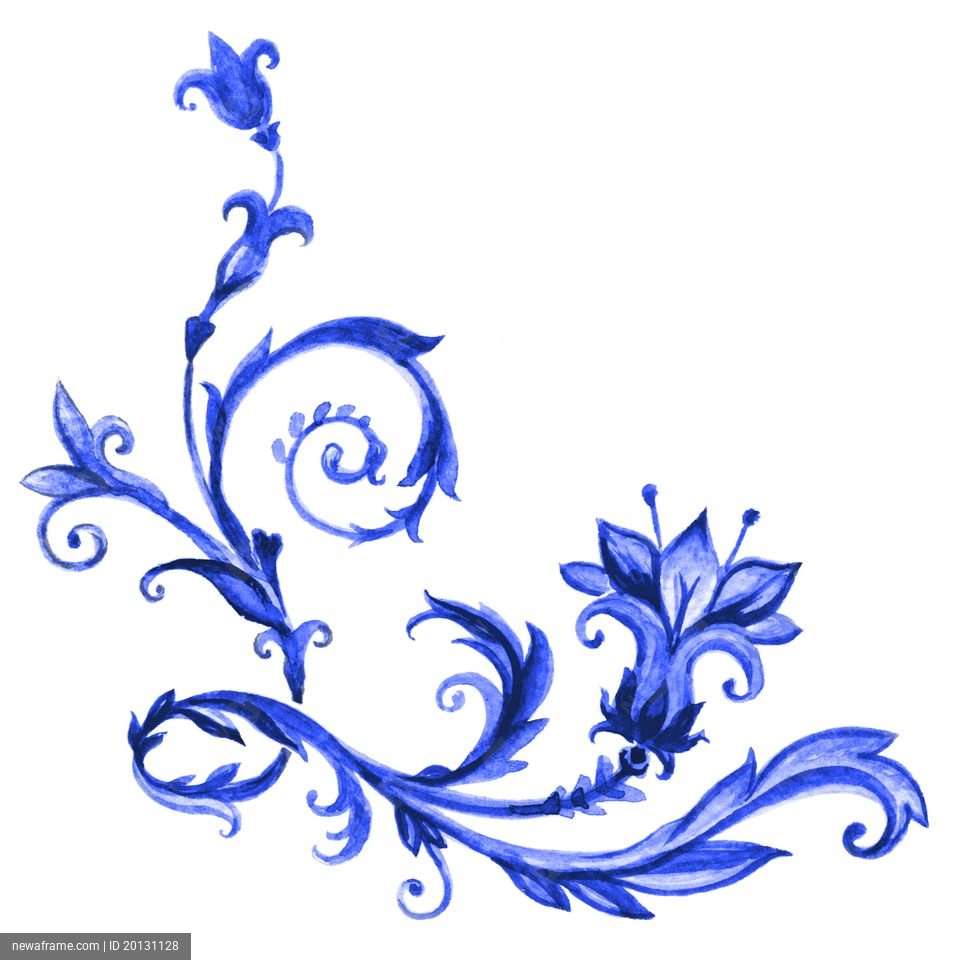 A blue floral design with swirling vines and leaves on a white background.