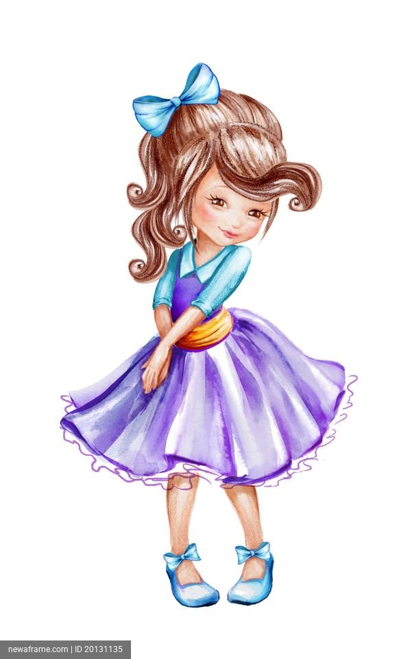 A cute girl with brown hair and a blue bow stands in a purple dress with blue shoes.