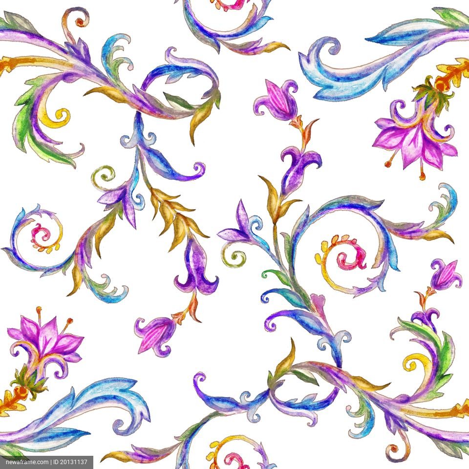 Colorful watercolor floral patterns swirl across a white background with vibrant hues of purple, blue, gold, and green.