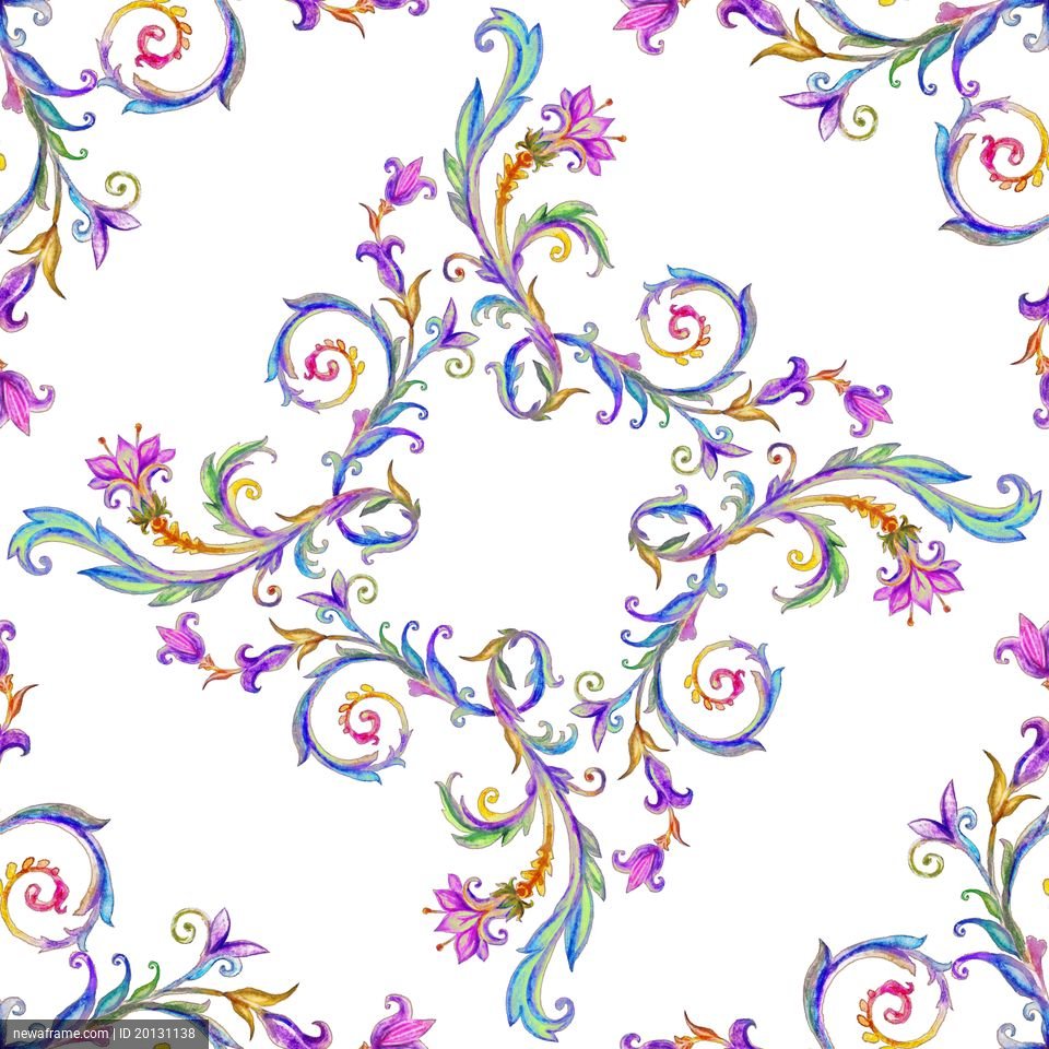 Colorful floral patterns swirl elegantly across a white background, featuring vibrant leaves and flowers in shades of purple, blue, green, and gold.