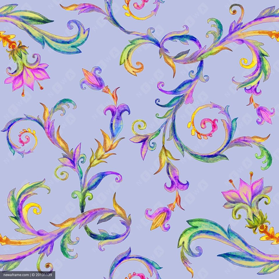 Colorful watercolor floral patterns swirl across a soft purple background, featuring vibrant leaves and flowers in shades of pink, yellow, green, and purple.