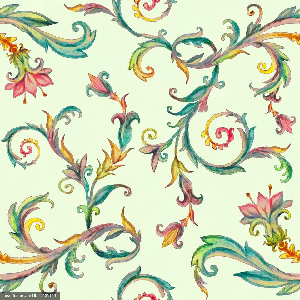 Colorful watercolor floral patterns swirl across a soft green background, featuring vibrant leaves and blossoms in pink, yellow, and teal.