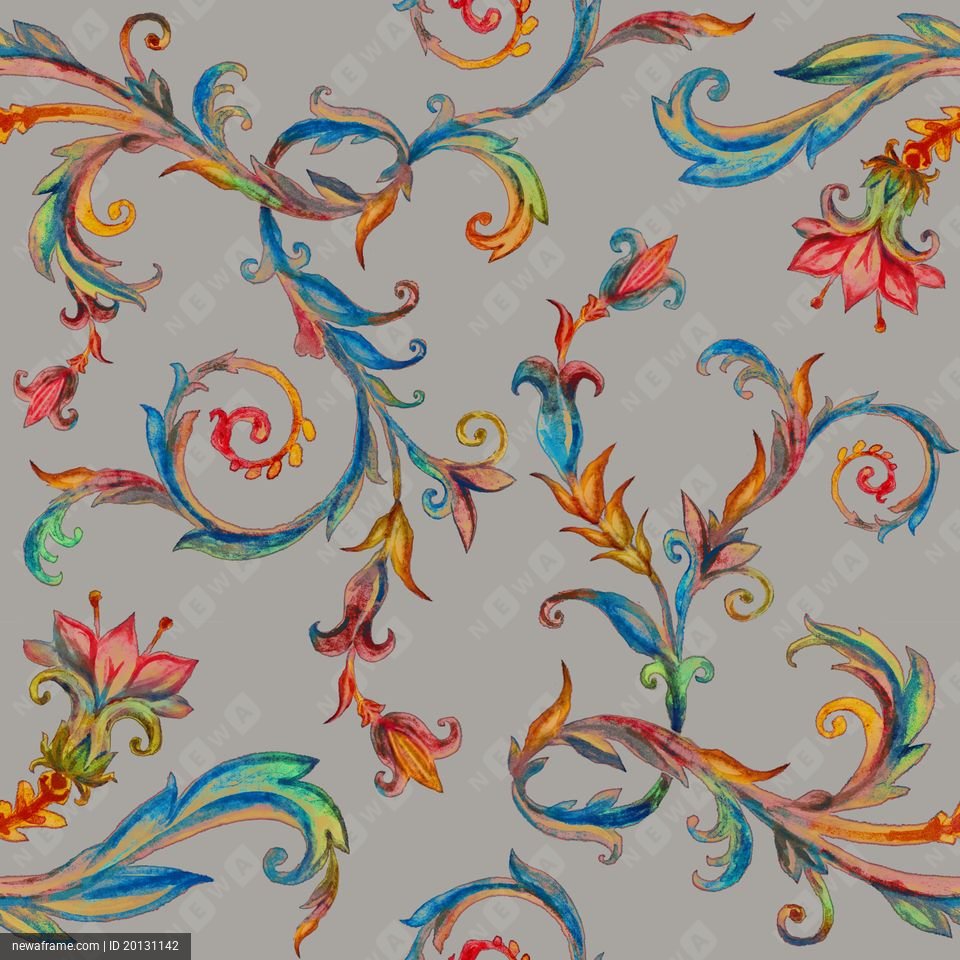 Colorful, swirling floral patterns with vibrant leaves and flowers in blue, red, orange, and green against a gray background.