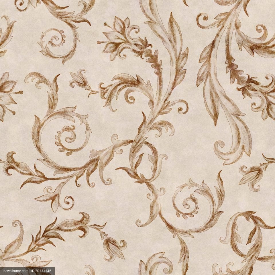 An elegant pattern of swirling vines and leaves in brown tones on a light beige background.