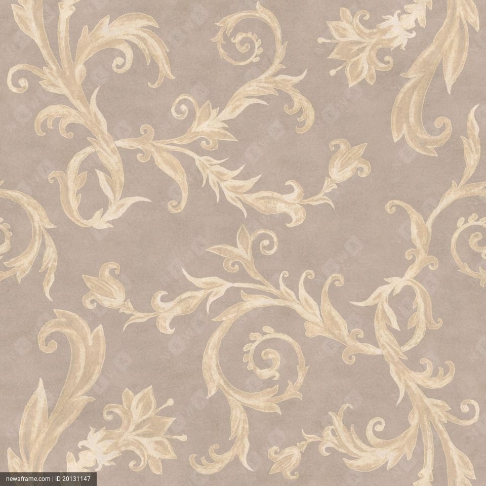 An elegant wallpaper pattern features cream-colored floral and vine motifs on a soft beige background.