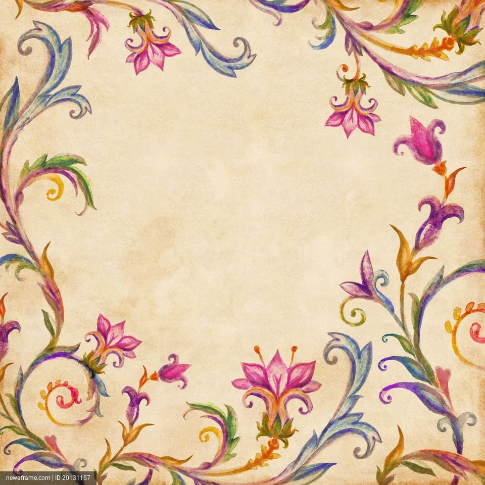 Colorful floral vines frame a vintage paper background with swirling patterns and bright flowers.
