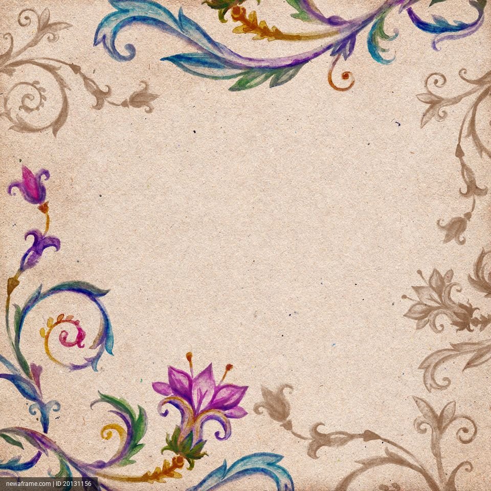 A vintage-style paper background features colorful floral and vine decorations in the corners, with a textured beige center.