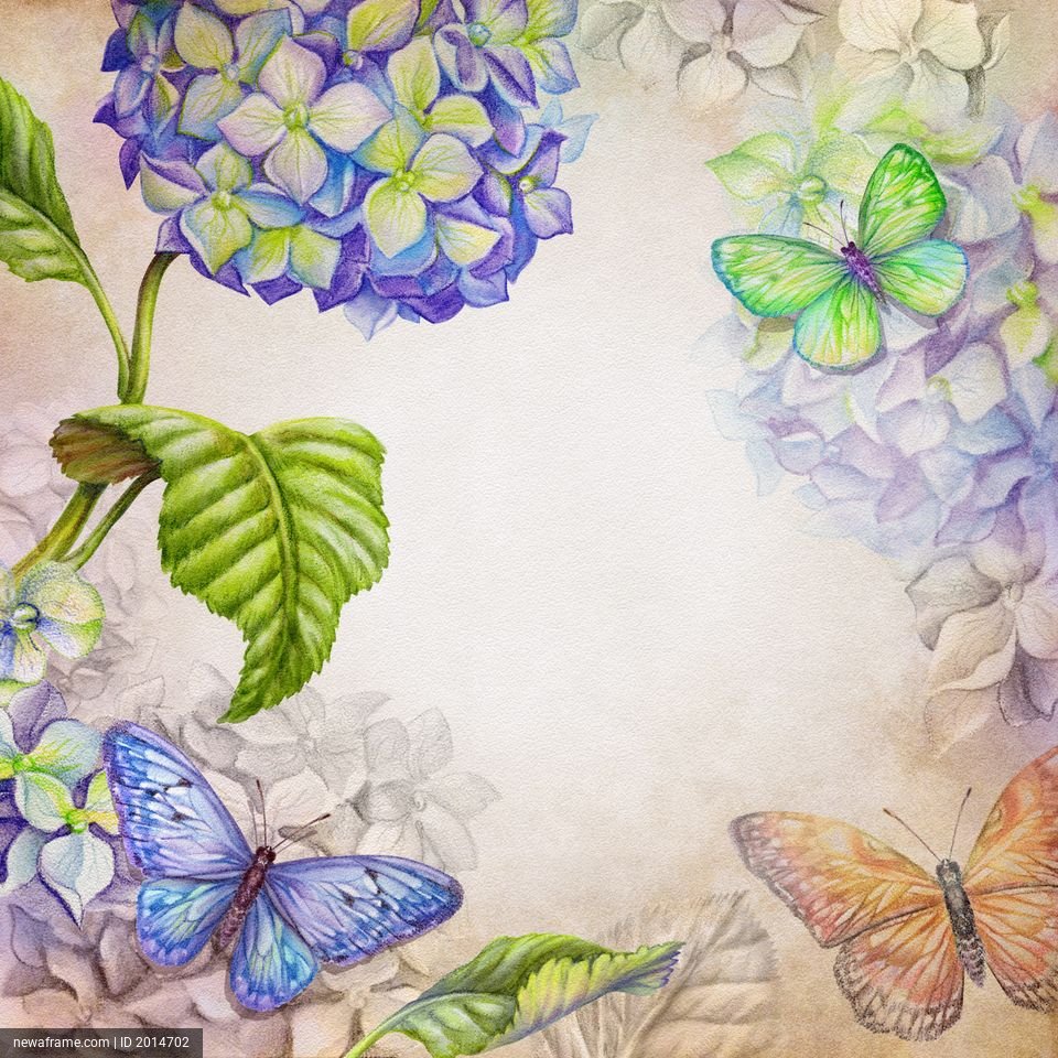 Watercolor hydrangeas and butterflies frame a soft, vintage-style background with delicate floral details.