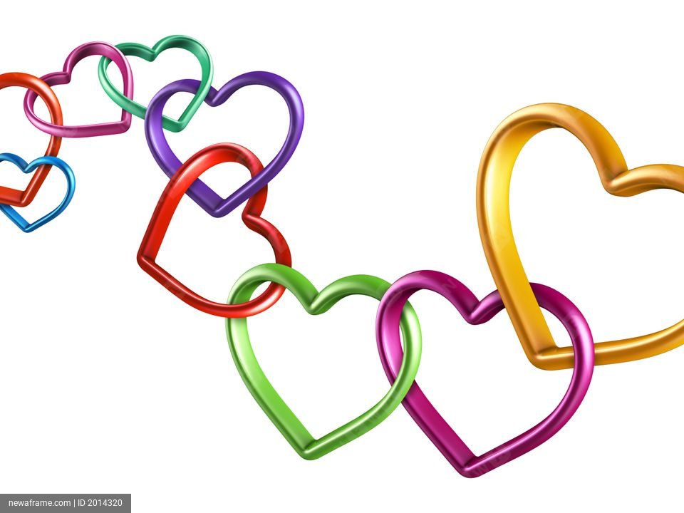Colorful heart outlines chain together in a playful, diagonal line against a white background.