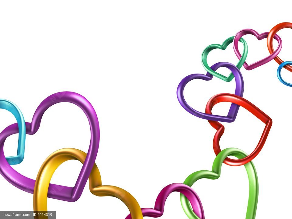 Colorful metallic heart shapes link together in a playful, abstract design against a clean white background.