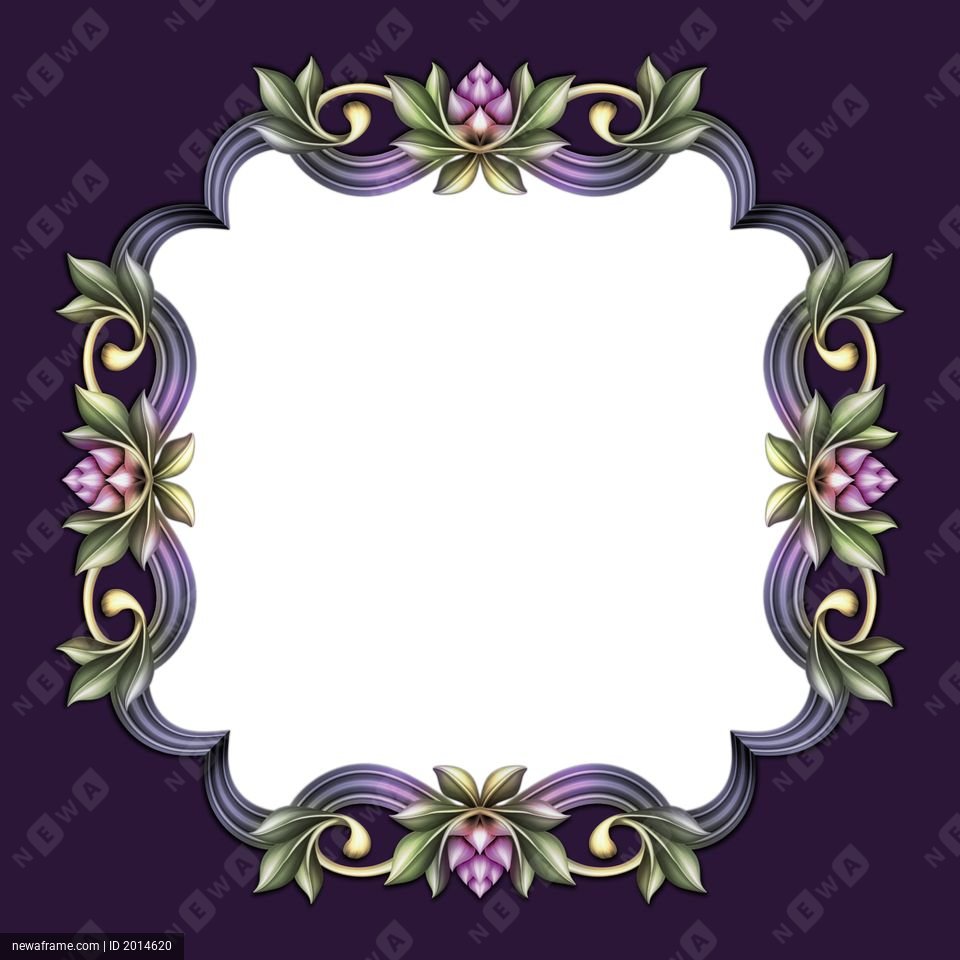 An ornate, square frame with a white center sits on a dark purple background. The border features swirling purple ribbons, green leaves, and pink flowers at each corner.