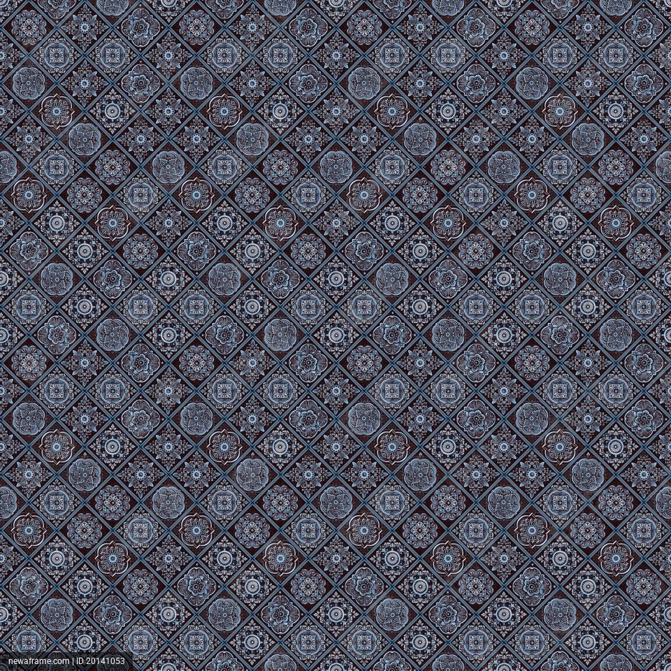A seamless pattern of intricate geometric shapes in shades of blue and gray creates a mesmerizing, textured design.