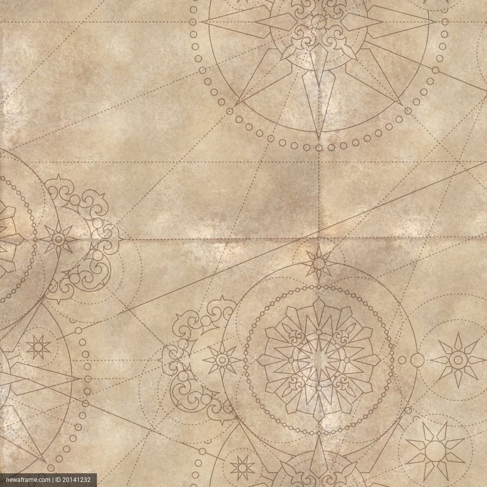 An intricate, vintage-style map features ornate compass roses, geometric patterns, and dotted lines on a textured, aged parchment background.