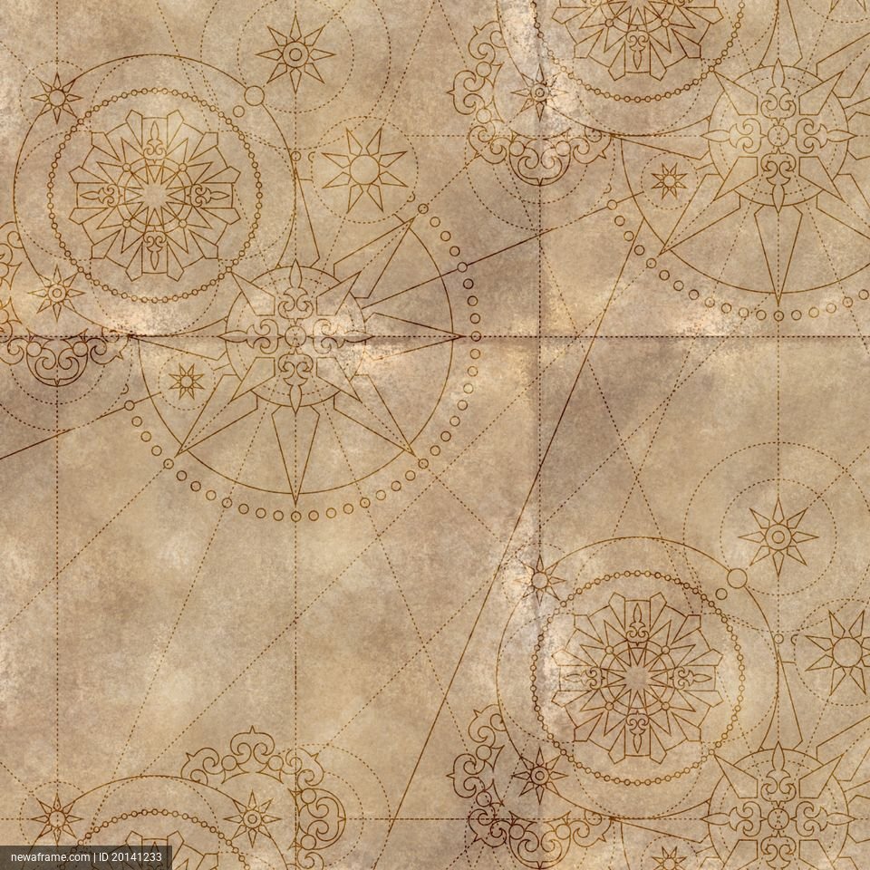 An intricate, vintage-style map with ornate compass roses and geometric patterns on a textured, aged parchment background.