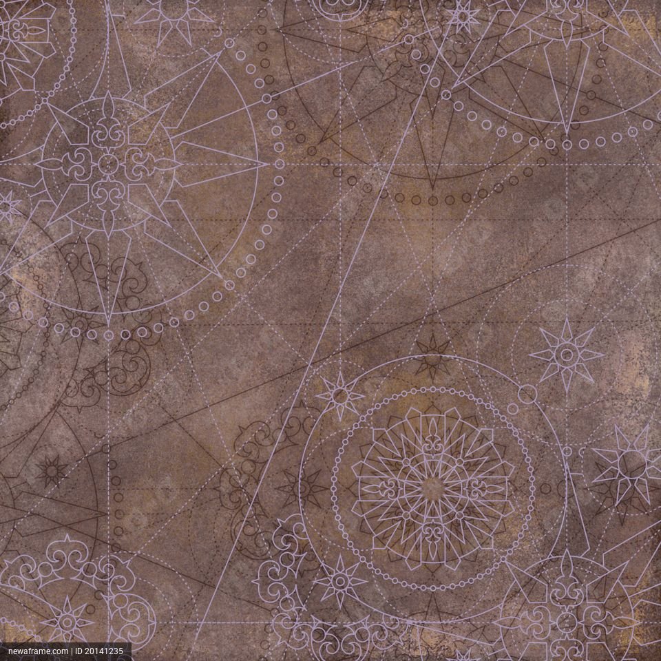 An intricate design features geometric patterns, stars, and mandalas on a textured brown background.