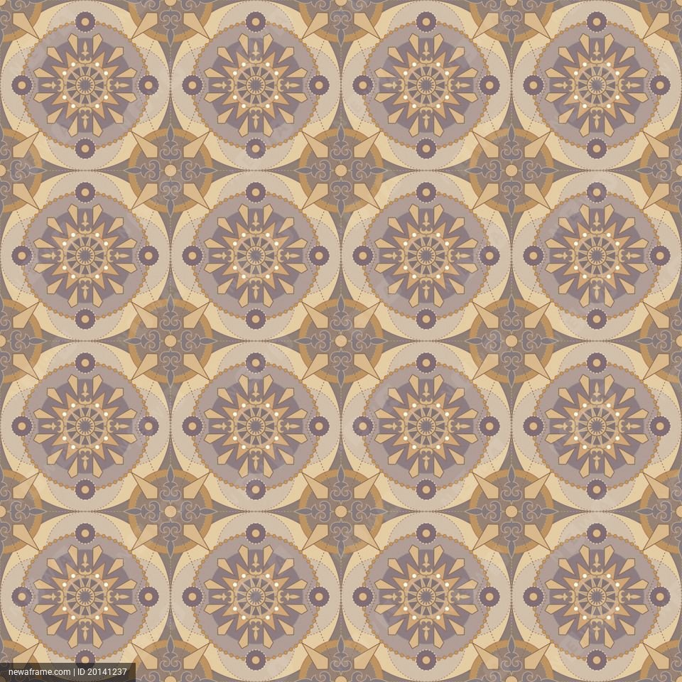 A repeating geometric pattern features intricate circular motifs with star-like centers in muted gold, beige, and gray tones.
