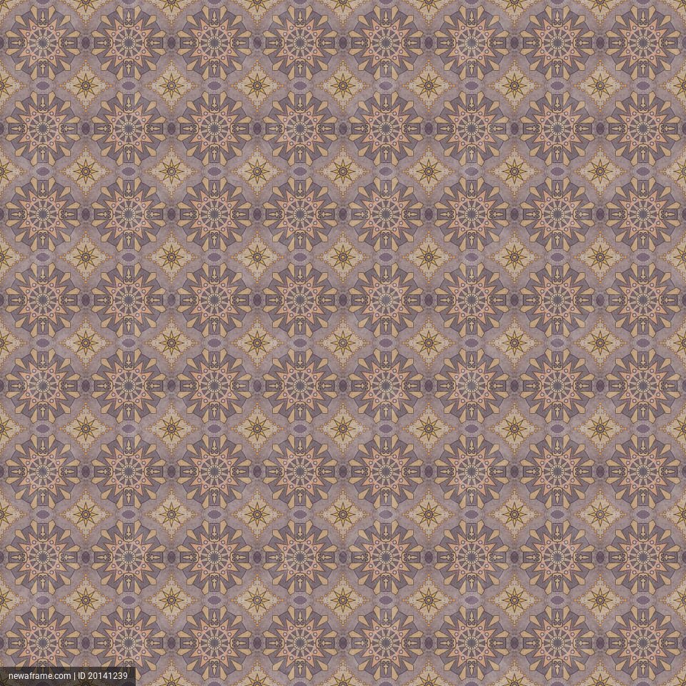 A seamless pattern features repeating geometric floral motifs in muted purples, golds, and browns on a textured background.